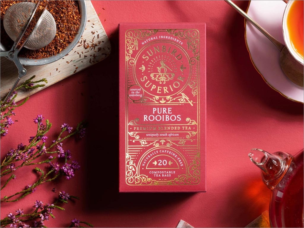 南非Sunbird Rooibos Tea優(yōu)雅的茶葉包裝設計之紅色款